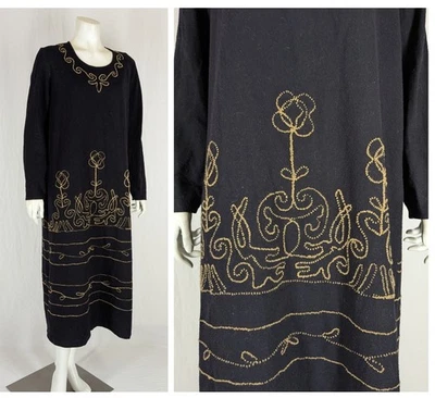 Vintage 1920s  Black Wool Flannel Tubular Dress Art Deco Beige Embroidery L/XL - Image 1 of 4
