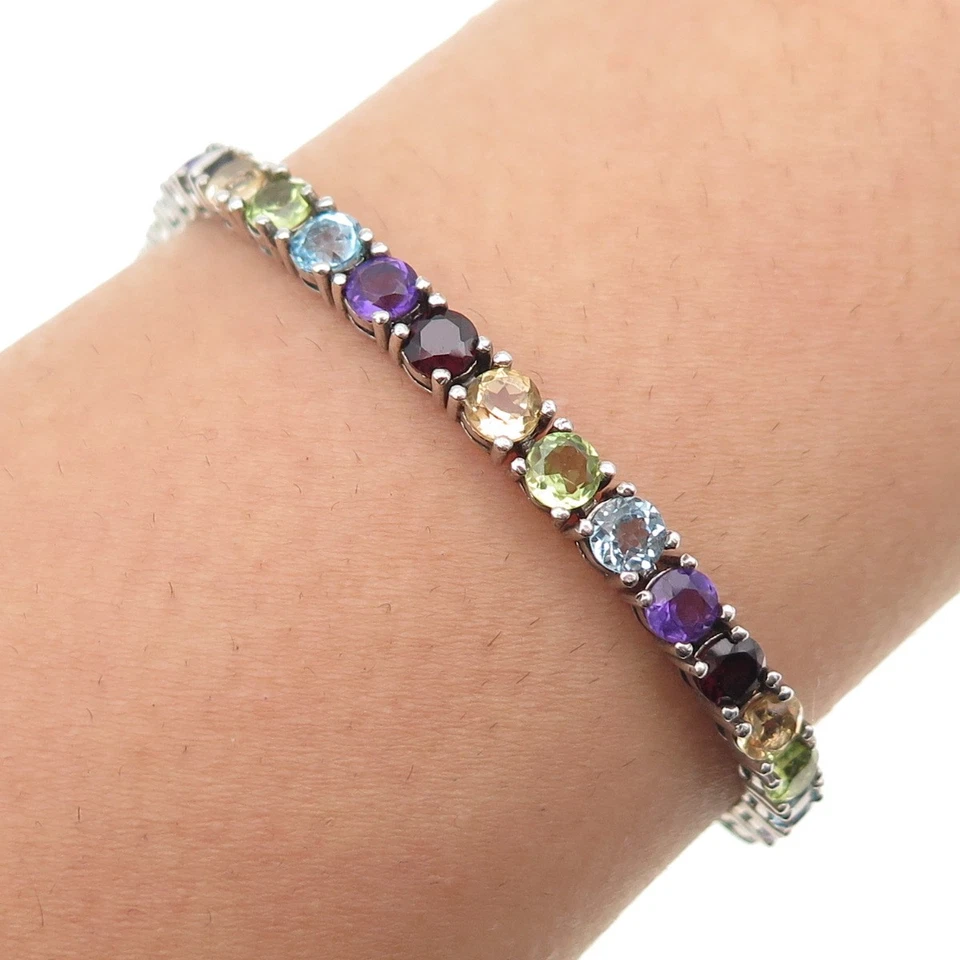 925 Sterling Topaz Amethyst Garnet Citrine & Peridot Adjustable Bracelet 6-10.5" - Image 1 of 4