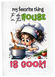 Brunette Favorite Thing To Do Is Cook Farmhouse Kitchen Bath Linen Towel DZ270L - Picture 1 of 4