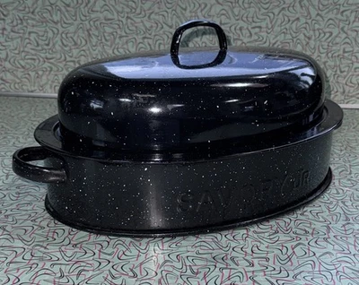 Vtg 1920s SAVORY Jr Oval  Black Enamel Double Walled ROASTER w/Lid - Image 1 of 4