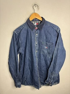 Tommy Hilfiger Shirt Mens Extra Large Blue Denim Button Up Corduroy Collar 90s - Picture 1 of 8