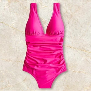 J. Traje de baño de una pieza con cuello en V acanalado talla 8 rosa cobertura completa inferior - Imagen 1 de 9