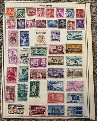 U.S. STAMPS LOT ON ALBUM PAGE PRESIDENTS, NAVAL, BOAT, ART, ANIMALS, & MORE - Image 1 of 4