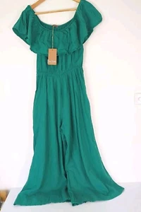 La Strada Jumpsuit Size L Wide Leg Linen Blend Off Shoulder Green Italy RRP $139 - Picture 1 of 12