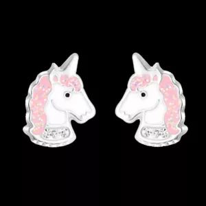 925 Sterling Silver Unicorn Stud Earrings Pink Glitter Crystal Xtra Set Backing - Picture 1 of 1