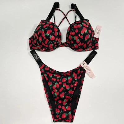 Victoria Secret 36C L Bombshell Push Up Top Bikini Set Shine Strap Cherry Print - Image 1 of 4