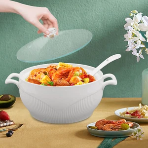Sopera redonda de cerámica de porcelana de 8,54" con cucharón y tapa de vidrio cucharón de sopa - Imagen 1 de 21