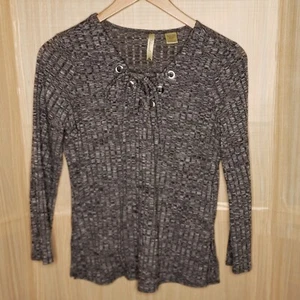 Chenault Womens Black Heathered Ribbed Knit Top With Lace Up Detail Medium - Picture 1 of 6