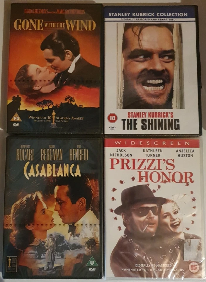 Casablanca/Gone With The Wind /The Shining/Prizzi's Honor / 4 × NEW Sealed DVD'S - Image 1 of 1