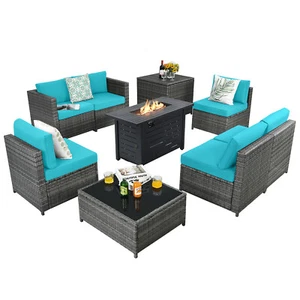 9PCS Rattan Furniture Wicker Sofa Set w/ 60,000 Btu Heater Propane Gas Fire Pit - Picture 1 of 11