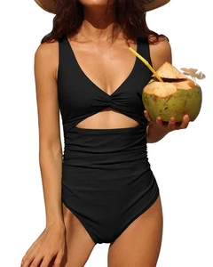 Charmo Plus Size One Piece Swimsuit Tummy Control Cut Out Twist Black 2XL - Picture 1 of 3
