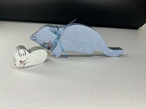 Vintage Holz handbemalt Katze & Maus Regal Sitter 80er mit Schleife Volkskunst Bauernhof - Bild 1 von 7