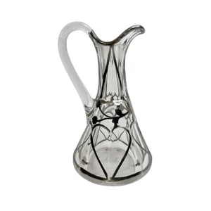 Vintage Silver Overlay Oil Or Vinegar Cruet Pitcher 5” Heart Pattern No Stopper - Picture 1 of 10