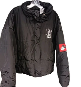 Disney Mickey Mouse Women’s Puffer Jacket Black W/ Red Patch Sz L - Picture 1 of 5