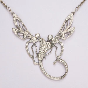 Jugendstil Collier 2 filigrane Libellen bestäuben eine Lilie, 925/-Silber Kette - Bild 1 von 4