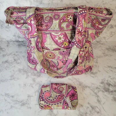 Women's Vera Bradley SIG Quilted Cotton Tote Purse Paisley Floral Pink w/ Wallet - Image 1 of 4