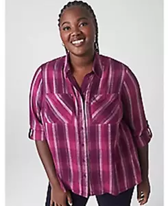 Lane Bryant~NUEVO SIN ETIQUETAS~Berry púrpura metálico a cuadros abotonados L/S lengüeta enrollable~Más 22-24W - Imagen 1 de 13