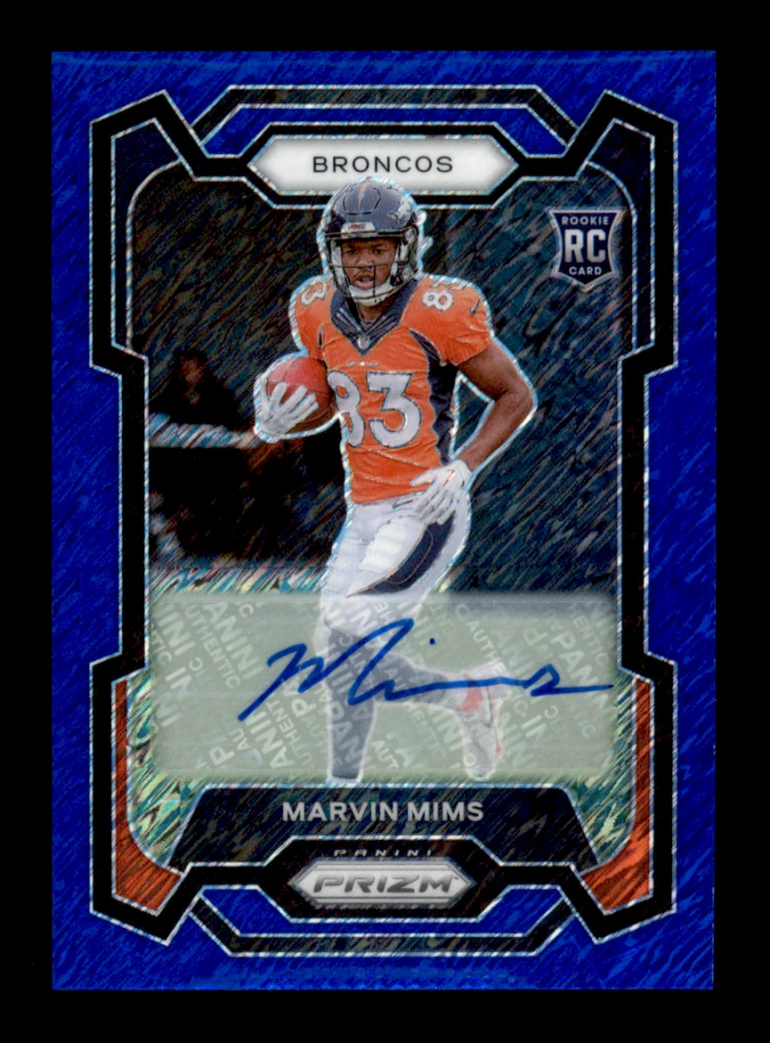 2023 Panini Prizm #327 Marvin Mims Blue Shimmer Auto 15/25 RC Denver Broncos