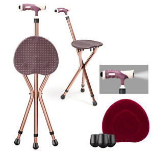 2-in-1 Folding Elder Cane Chair Stool Seat Walking Stick w/ LED Light Seat Cover