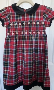 HANNA ANDERSSON 110 Dress, Red Plaid, Smocked, Black Velvet Trim, Size 5 - Picture 1 of 5