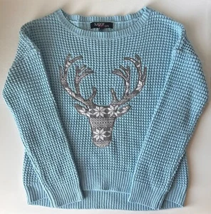 Girls Sweater Christmas Sugar Rush Reindeer Blue Waffle Knit Size large - Picture 1 of 5