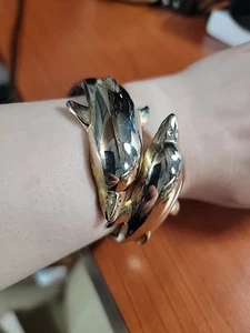 Double Dolphin Hinged Wrap Cuff Bracelet Goldtone Red White Eyes - Picture 1 of 7