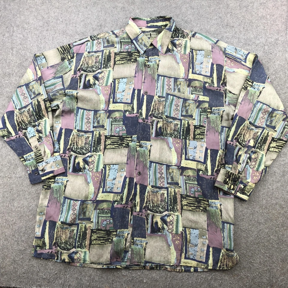 Camisa masculina Robert Stock XL multicolorida 100% seda abstrata geométrica botão para cima - Imagem 1 de 4