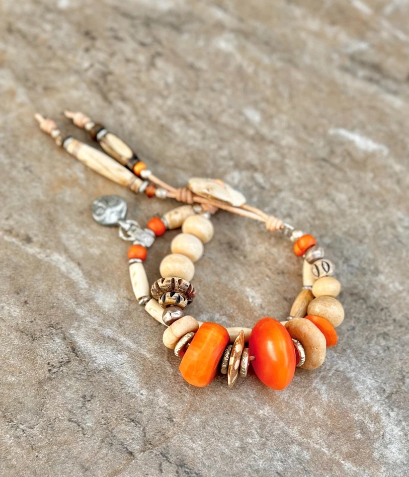 Orange and Cream Boho Hippie Bracelet - Image 1 of 4