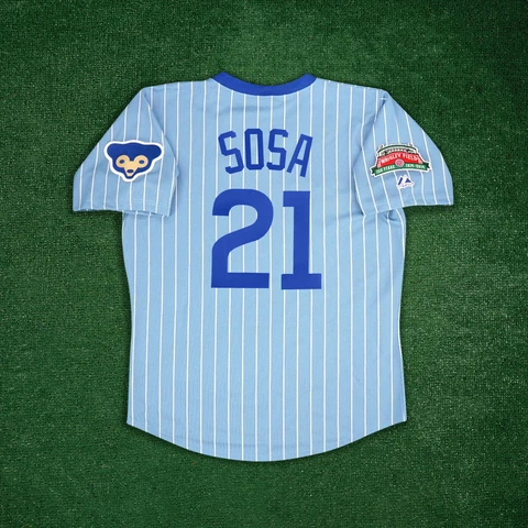 Sammy Sosa Chicago Cubs Men's 1970's Wrigley 100th Blue Away Cooperstown Jersey Cover