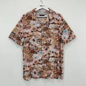 Kenji Shirt Men L Slim Fit Brown Tropical Print Button Up Soft Viscose Casual - Picture 1 of 9