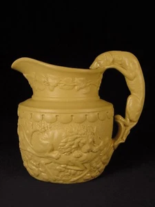 RARE mid-1800s SMALL RIDGWAY HOUND HANDLE DOG PITCHER YELLOW WARE MINT - Picture 1 of 12