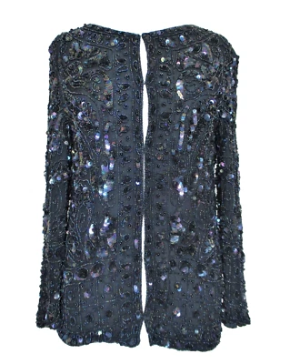 Vintage 70s Joseph Le Bon Sequin Jacket Black Beaded Silk Chiffon S Women - Image 1 of 4