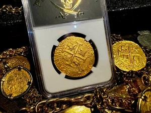 PERU 1709 FINEST KNOWN 8 ESCUDOS NGC 63 1715 FLEET SHIPWRECK PIRATE GOLD COINS - Picture 1 of 22