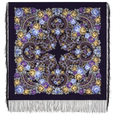 Midday Blue Pavlov Posad Wool Shawl with Silk Fringe 35x35" Russian Shawl 206-14 - Image 1 of 2