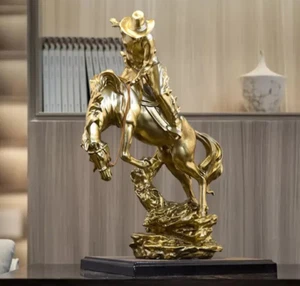 NEW 12" Golden Rodeo Cowboy Rides A Wild Horse. Resin Figurine Statue 12x10x5 - Picture 1 of 6