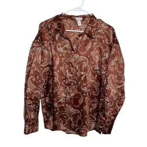 West of Melrose Blouse Women's Small Brown Satin Button Up Long Sleeve Top - Picture 1 of 7