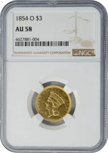 1854-O $3 Gold Indian AU58 NGC 950164-2 - Picture 1 of 4