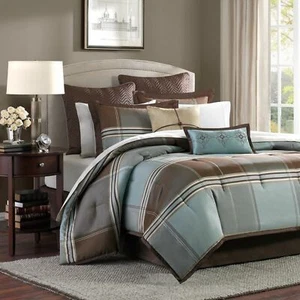 Blue Brown Jacquard Color Block Plaid 8 pc Comforter Set Queen Cal King Size Bed - Picture 1 of 2