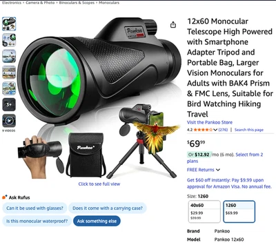 High Power 12x50 Monocular Telescope with Phone Adapter with FMC Lens Waterproof - Image 1 of 4