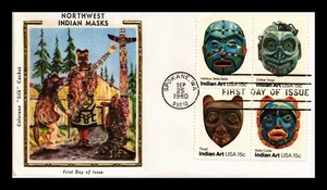 DR JIM STAMPS US COVER INDIAN ART MASKS FDC SETENANT COLORANO SILK CACHET - Picture 1 of 2
