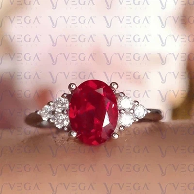 3.60Ct Oval Shape Natural Ruby and Diamond Engagement Ring 950PT Platinum Plated - Изображение 1 из 4