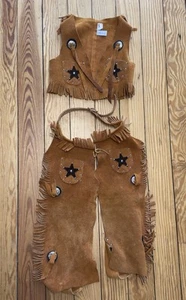 Vintage SACHS FIFTH AVE Child Western Cowboy Suede Leather Chaps Vest Outfit EUC - Picture 1 of 7