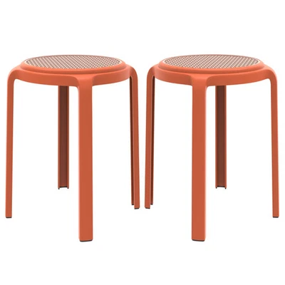 Tresse Stackable Round Plastic Dining Stool with Wicker Top Set of 2 - Image 1 of 4