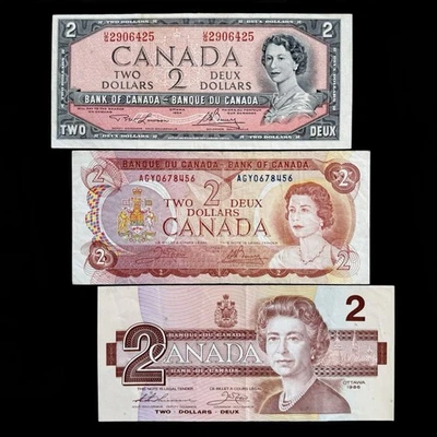 Bank Of Canada 1954, 1974, 1986 Two 2 Dollar Paper Money World Banknotes Lot VF - Image 1 of 2