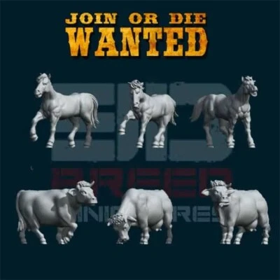 JOIN OR DIE Cattle - Wild Horses - Cow -Farm animals - Old Wild West - 28mm 32mm