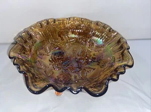 Vintage Imperial Glass Cabbage Rose Marigold Carnival Glass Ruffle Footed Bowl-A - Picture 1 of 10