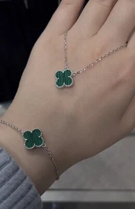 Lüxus Armkette grüner Malachit Kleeblatt Armband 925 Sterling Silber - Bild 1 von 4