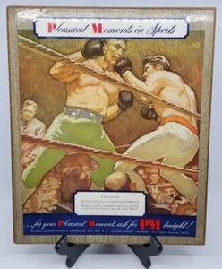 VINTAGE ANNI 50 PM WHISKY CORBETT VS SULLIVAN BOXE PUBBLICITÀ MASONITE 15X12 - Foto 1 di 3