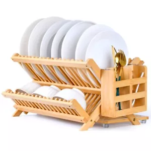 Bamboo Dish Drying Rack With Utensil Holder Set 3-Tier Collapsible Wood Kitchen - Picture 1 of 7