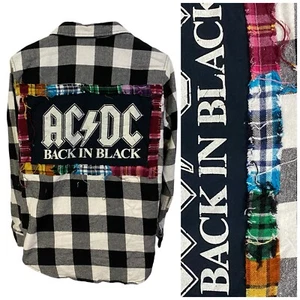 Upcycled Flannel Shirt Womens Medium AC DC Band Grunge Camp Rock Country Concert - Picture 1 of 15